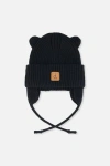 Deux Par Deux Knit Bear Ear Tie String Hat In Black