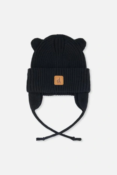 Deux Par Deux Kids'  Knit Bear Ear Tie String Hat In Black