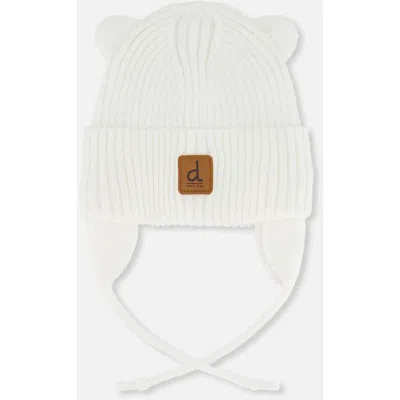 Deux Par Deux Kids'  Knit Bear Ears Tie Strings Hat In White