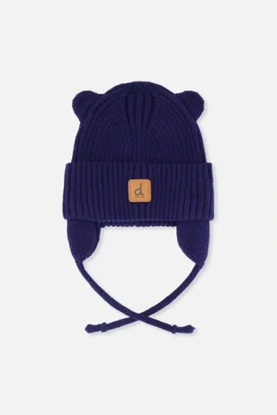 Deux Par Deux Kids'  Knit Bear Ears Tie With Strings Hat In Blue