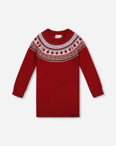 Deux Par Deux Kids'  Knit Dress With Apple Jacquard Yoke In Red
