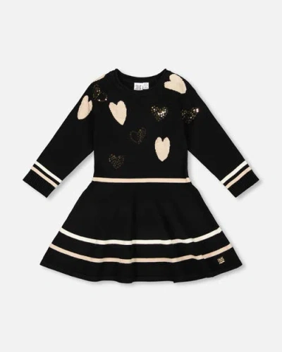 Deux Par Deux Kids'  Knit Dress With Glittery Heart Motifs In Black