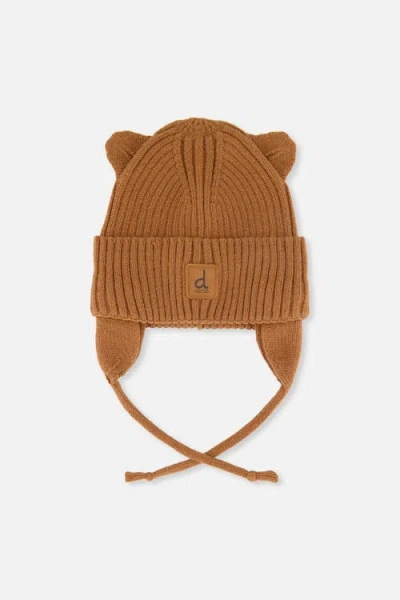 Deux Par Deux Kids'  Knit Hat With Bear Ears And Tie Strings In Brown