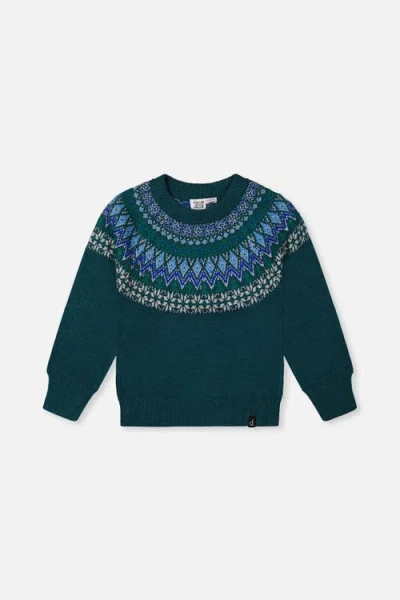 Deux Par Deux Kids' Knit Sweater With Nordic Jacquard Dark Green