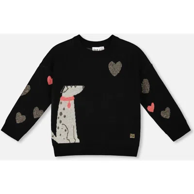 Deux Par Deux Kids'  Knit Sweater With Dalmatian And Hearts In Black