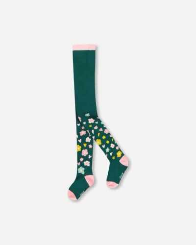 Deux Par Deux Kids'  Knit Tights With Flower Motifs In Green
