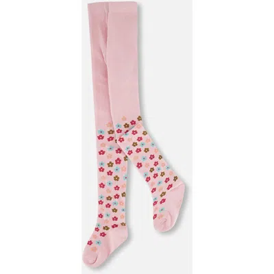 Deux Par Deux Kids'  Knit Tights With Flowers In Pink