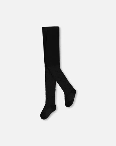 Deux Par Deux Kids'  Knit Tights With Tone-on-tone Star In Black