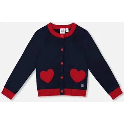 Deux Par Deux Kids'  Knitted Cardigan With Red Embroidered Hearts In Black