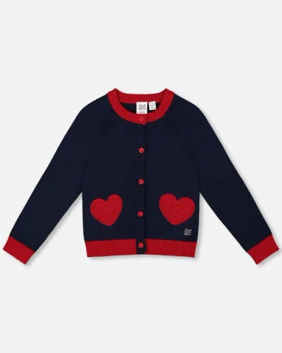 Deux Par Deux Kids'  Knitted Cardigan With Red Embroidered Hearts In Blue