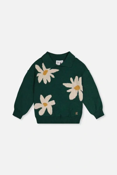 Deux Par Deux Kids'  Knitted Daisy Jacquard Shirt Collar Sweater In Green