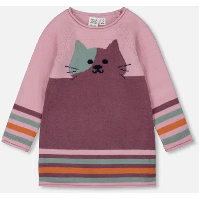 Deux Par Deux Kids'  Knitted Dress With Cat In Pink