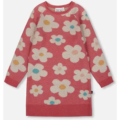Deux Par Deux Kids'  Knitted Dress With Flower Jacquard In Red
