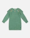 Deux Par Deux Knitted Dress With Ruffles And Floral Embroidery In Green
