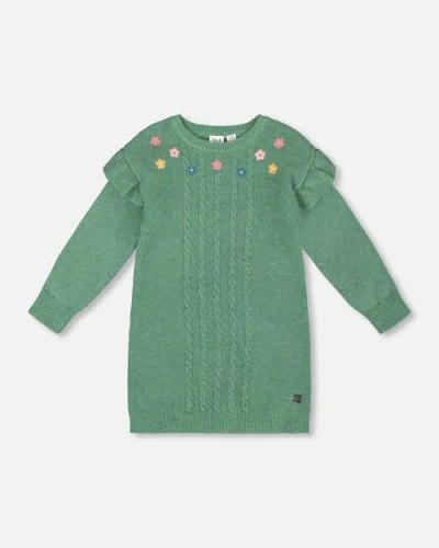 Deux Par Deux Kids'  Knitted Dress With Ruffles And Floral Embroidery In Green