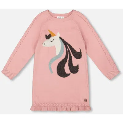 Deux Par Deux Kids'  Knitted Dress With Unicorn Intarsia In Pink