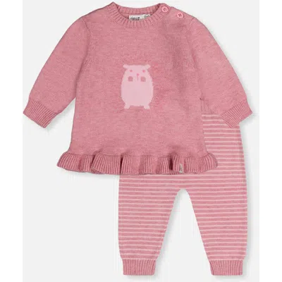 Deux Par Deux Babies'  Knitted Hedgehog Ruffle Top And Striped Pants Set In Pink