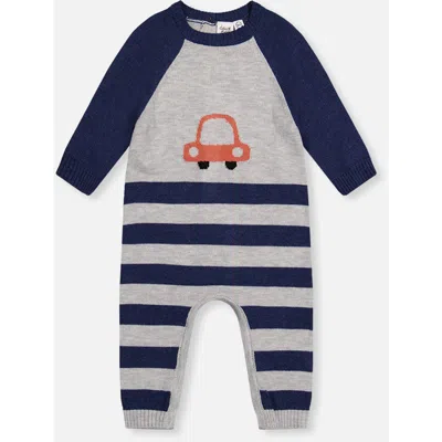 Deux Par Deux Babies'  Knitted Intarsia Car Raglan Sleeve Romper In Blue