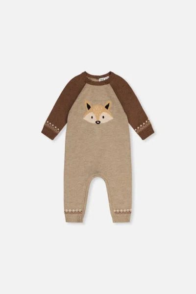 Deux Par Deux Babies'  Knitted Intarsia Fox Fair Isle Romper In Brown