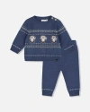 Deux Par Deux Knitted Jacquard Sweater And Pant Set With Bears In Blue