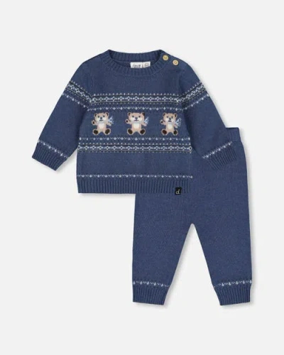 Deux Par Deux Babies'  Knitted Jacquard Sweater And Pant Set With Bears In Blue
