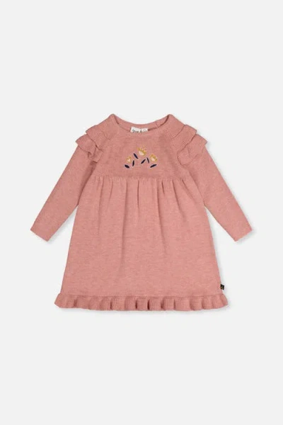 Deux Par Deux Kids'  Knitted Ruffled Shoulder Floral Detail Dress In Pink
