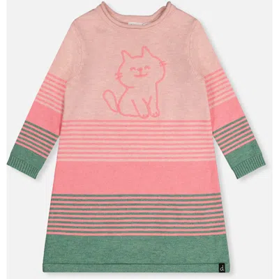 Deux Par Deux Kids'  Knitted Stripe Cat Appliqué A-line Dress In Pink