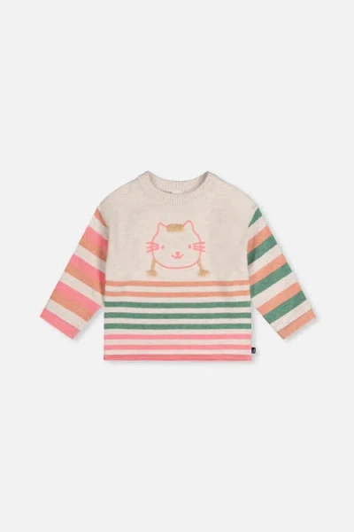 Deux Par Deux Babies'  Knitted Stripe Sleeve Cat Appliqué Sweater In Multi