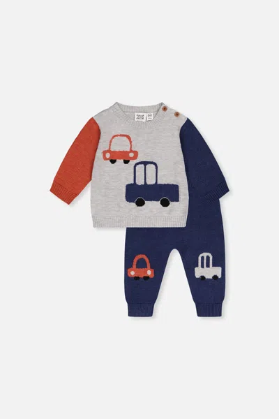 Deux Par Deux Kids' Knitted Top And Pants Set Blue And Orange In Multi