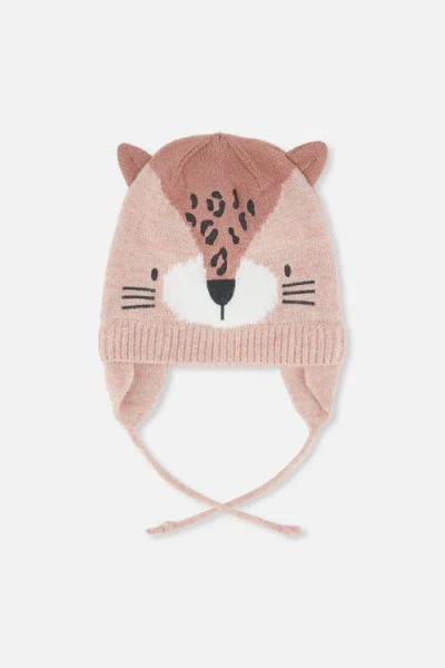 Deux Par Deux Babies'  Leopard Face Fleece Lined Ear Flap Winter Knit Hat In Pale Dusty Pink