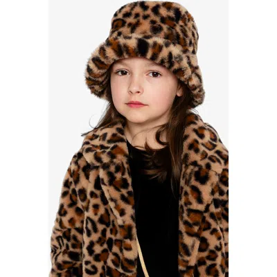 Deux Par Deux Leopard Faux Fur Sateen Lined Wide Brim Bucket Hat In Brown
