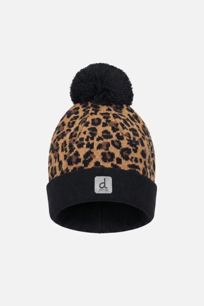 Deux Par Deux Kids'  Leopard Knit Lined Hat With Pompom In Brown