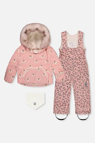 Deux Par Deux Babies'  Leopard Two Piece Coat Pants & Neckwarmer Snowsuit In Pink