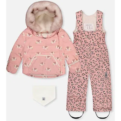 Deux Par Deux Babies'  Leopard Two Piece Coat Pants & Neckwarmer Snowsuit In Pink