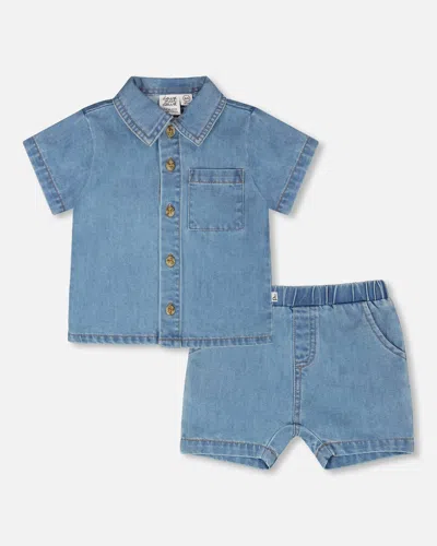 Deux Par Deux Kids' Light Blue Chambray Top And Short Set
