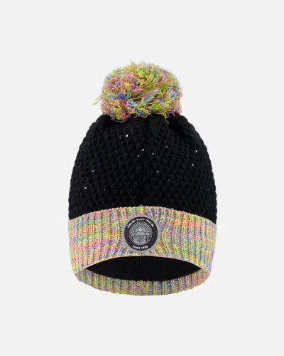 Deux Par Deux Kids' Lined Knit Hat With Pompom Black And Multicolor