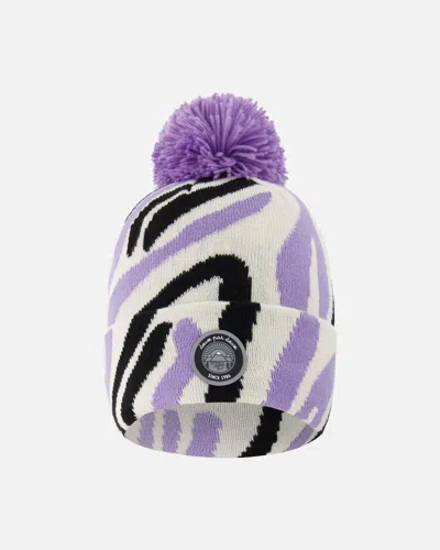Deux Par Deux Kids' Lined Knit Pompom Hat Black, White And Lilac In Purple