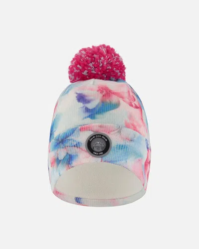 Deux Par Deux Kids' Lined Knit Pompom Hat Blue Flower Print In Multi
