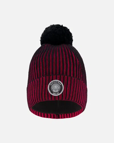 Deux Par Deux Kids' Lined Knit Pompom Hat Red And Black