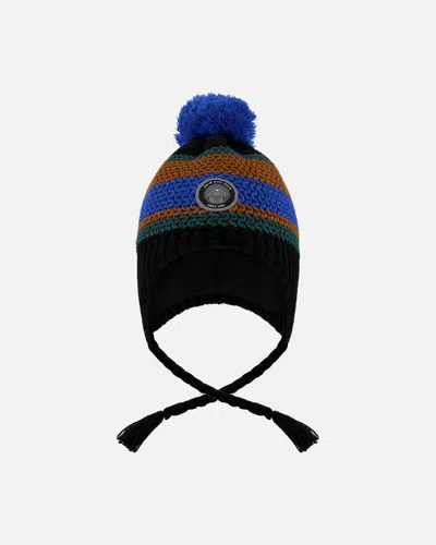Deux Par Deux Kids' Lined Peruvian Knit Pompom Hat Black, Blue And Brown In Multi