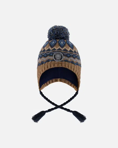 Deux Par Deux Kids' Lined Peruvian Knit Pompom Hat Taupe And Navy In Metallic