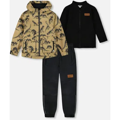 Deux Par Deux Babies'  Little Boy's 3-in-1 Mid-season Outerwear Set Black Dinosaur On Beige Background