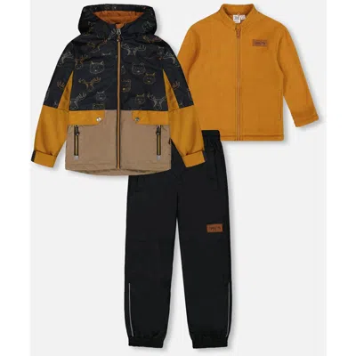 Deux Par Deux Kids'  Little Boy's 3-in-1 Mid-season Outerwear Set With Colorblock Jacket Beige Animals On B In Beige Animals On Black