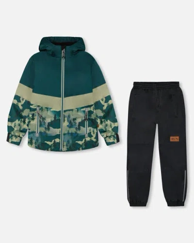 Deux Par Deux Kids'  Little Boy's Colorblock Printed Two-piece Mid-season Outerwear Set Forest Green With B In Forest Green With Black Pines