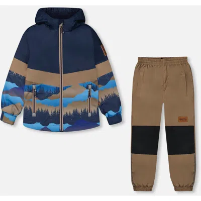 Deux Par Deux Babies'  Little Boy's Colorblock Printed Two-piece Mid-season Outerwear Set Navy Blue Mountains In Navy Blue Mountains And Taupe