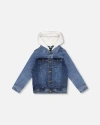Deux Par Deux Little Boy's Denim Jacket With French Terry Hood White And Denim Blue In White And Denim Blue