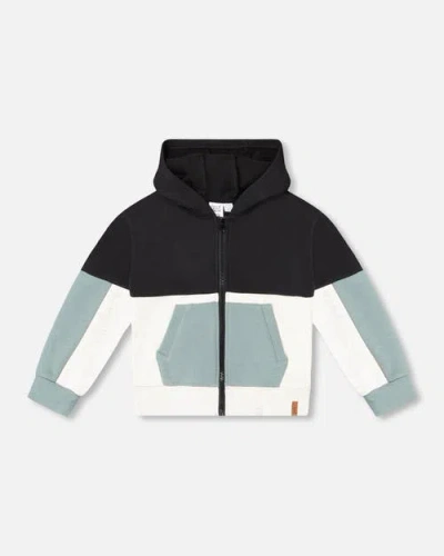 Deux Par Deux Kids'  Little Boy's French Terry Color Block Full Zip Hoodie Cardigan Sweatshirt Black, Teal In Black, Teal And Shimmer