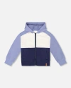 Deux Par Deux Little Boy's French Terry Color Block Full Zip Hoodie Sweatshirt Blue, Navy And Cream In Blue, Navy And Cream