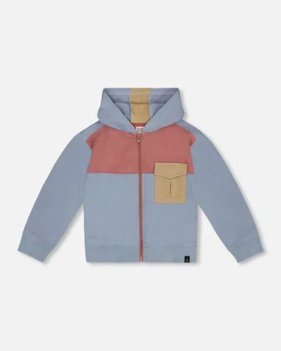 Deux Par Deux Kids'  Little Boy's French Terry Full Zip Hoodie Sweatshirt Pale Blue And Dark Old Rose