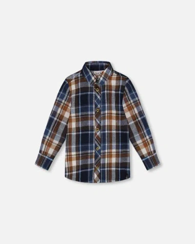 Deux Par Deux Long Sleeve Button Down Shirt Plaid Blue And Hazel - Little Kid In Plaid Blue & Brown